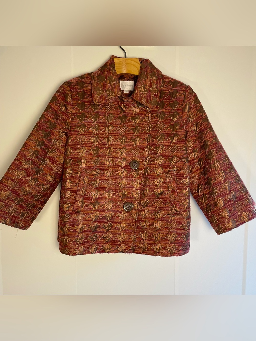 VTG ERIN LONDON Multicolor Tapestry Blazer Jacket Red Gold Boho Shimmer XL